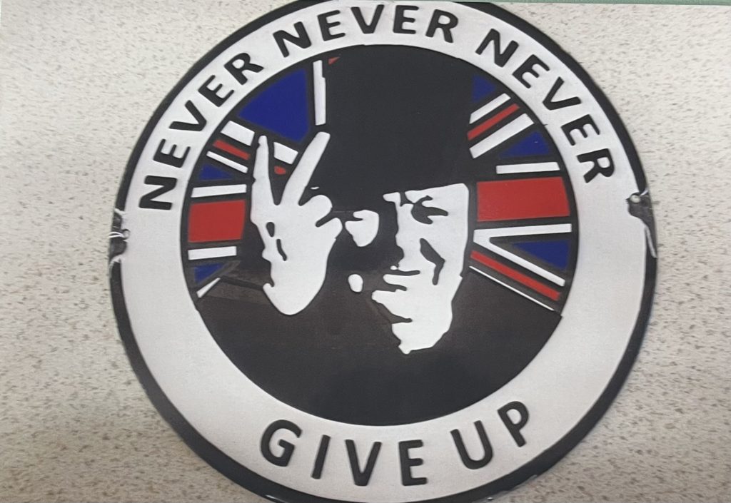 Churchill Never Never Never enamel sign