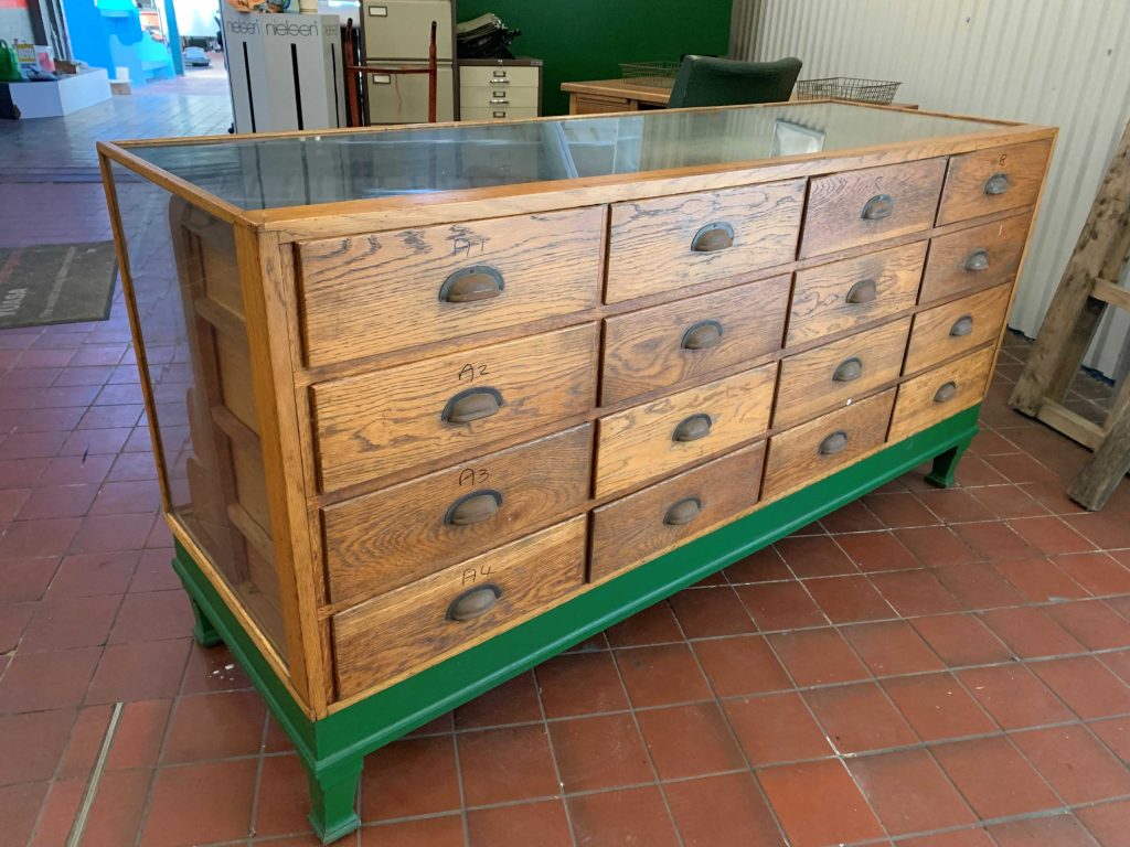 Vintage glass haberdashery display cabinet
