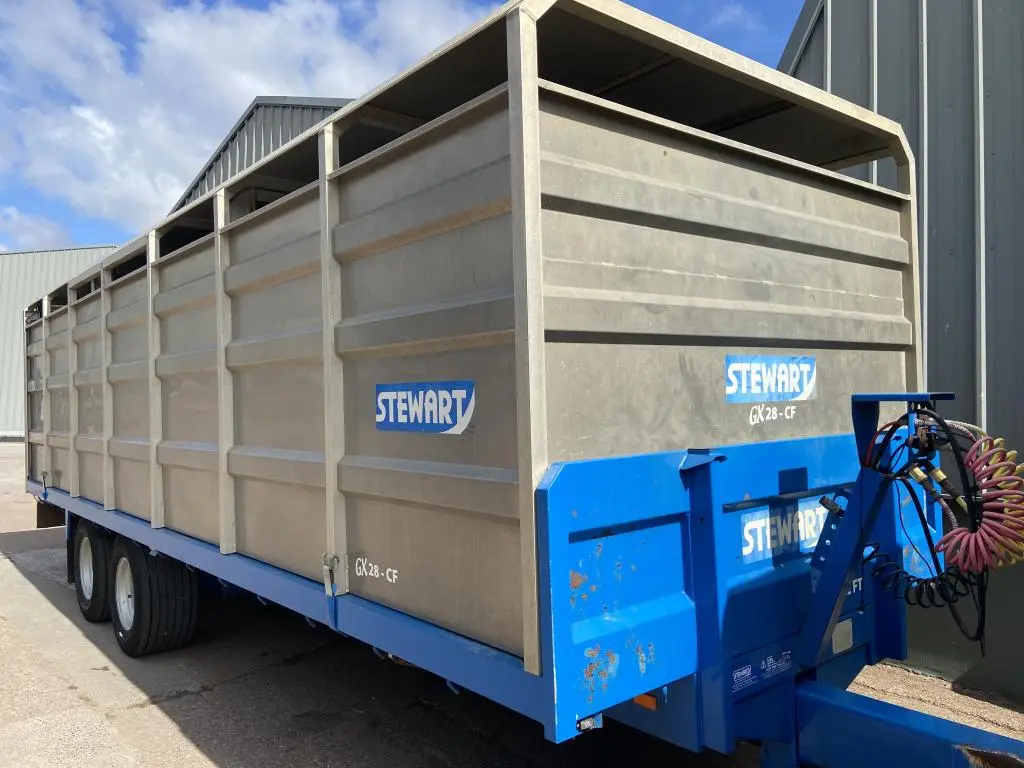 Stewart GX12 FT 12 ton flat trailer with livestock container, 09/2017
